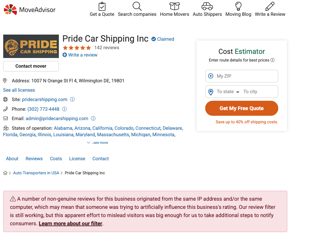MoveAdvisor profile for Pride Car Shipping Inc showing a platform warning that non-genuine reviews originated from the same IP address or computer.