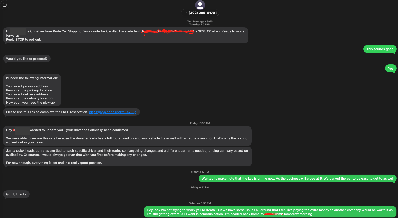Text thread with Christian from Pride Car Shipping quoting $695 all-in for the Cadillac Escalade shipment.