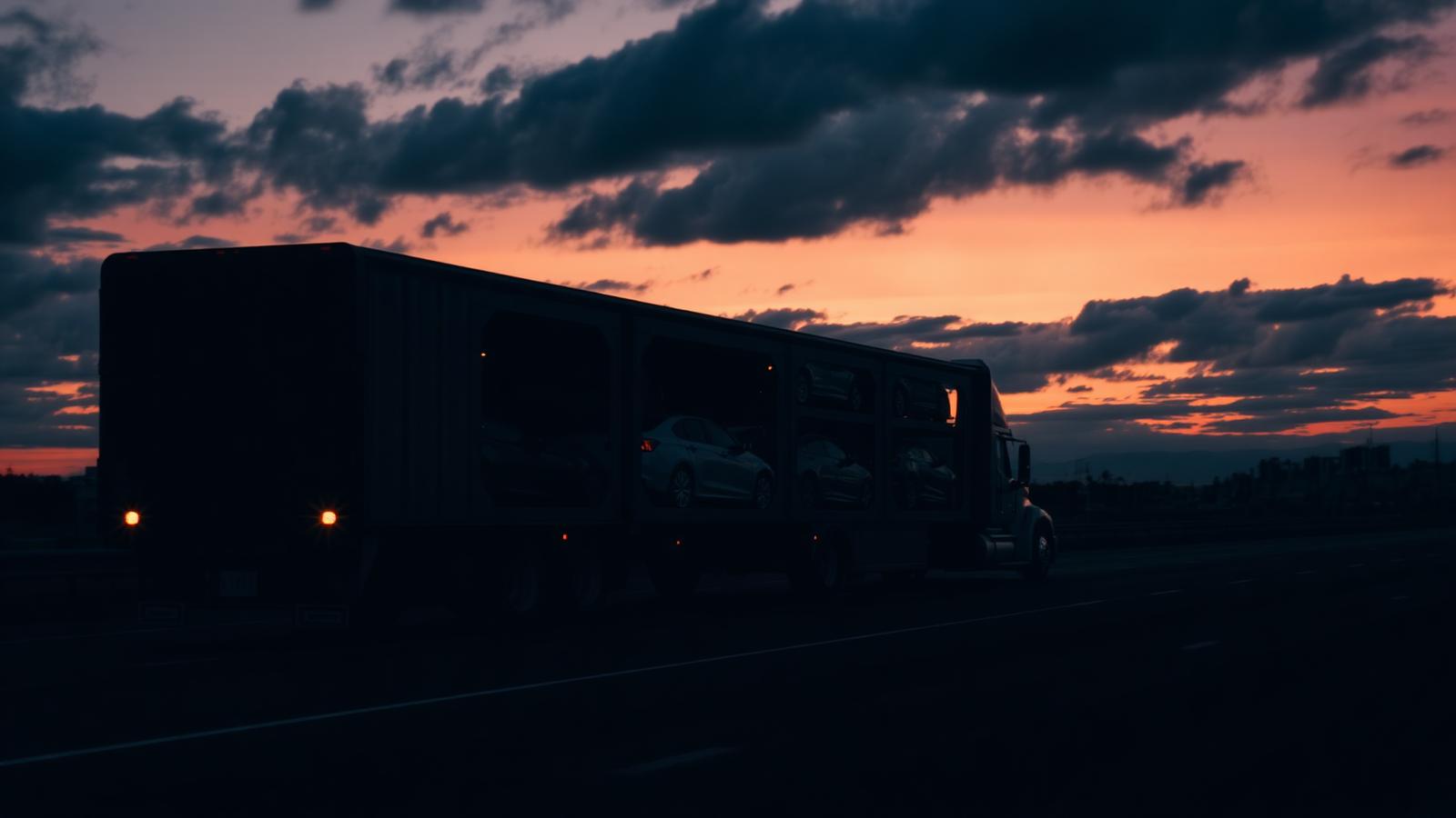 Car carrier truck at dusk